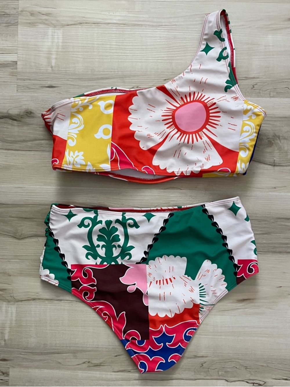 One-Shoulder Floral Patchwork Bikini - Multicolor
